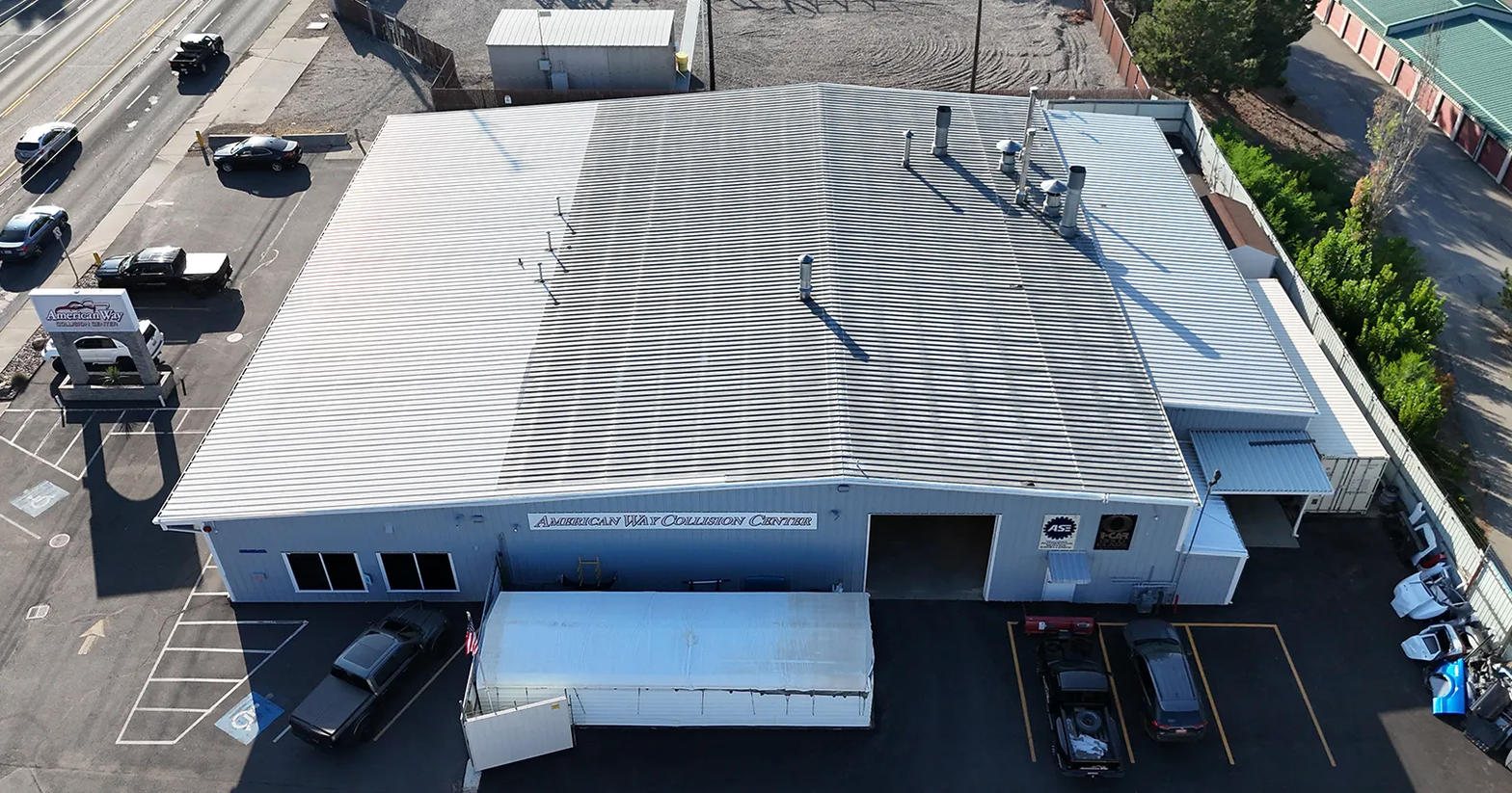 Commercial ribbed metal roof from above
